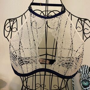 Victoria's Secret White Lace High-Neck Bralette with Navy Trim